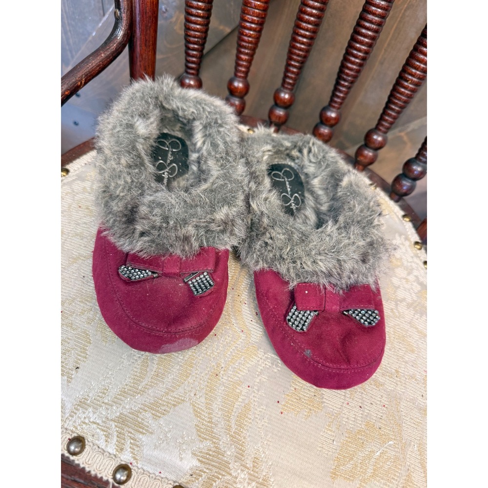 Jessica Simpson Slippers Women Size 6 Burgundy Good Faux Fur Rhinestone Bows